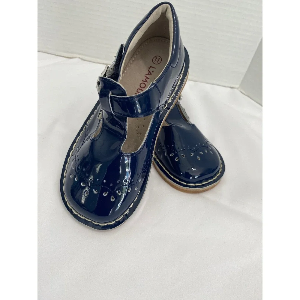 L'Amour Mary Jane T-Strap Girls Size 11 Navy Blue Patent Brogue Dress Shoes